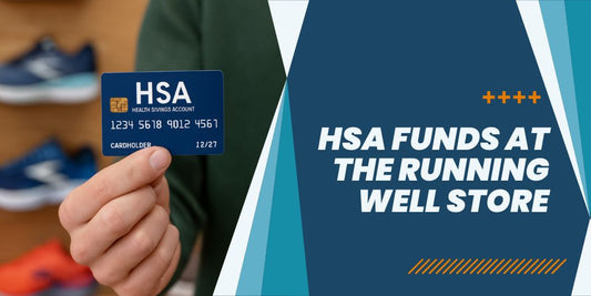 Person holding an HSA card inside a running store, representing how to use HSA funds for running shoes.