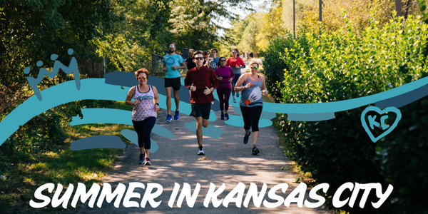 Group of runners on a shaded Kansas City trail in summer - The Running Well Store