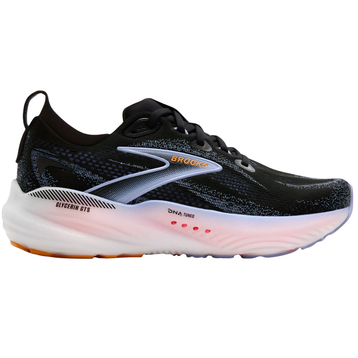 Brooks Glycerin GTS 22 women's stability running shoe in Black/Blue Heron/Orange
