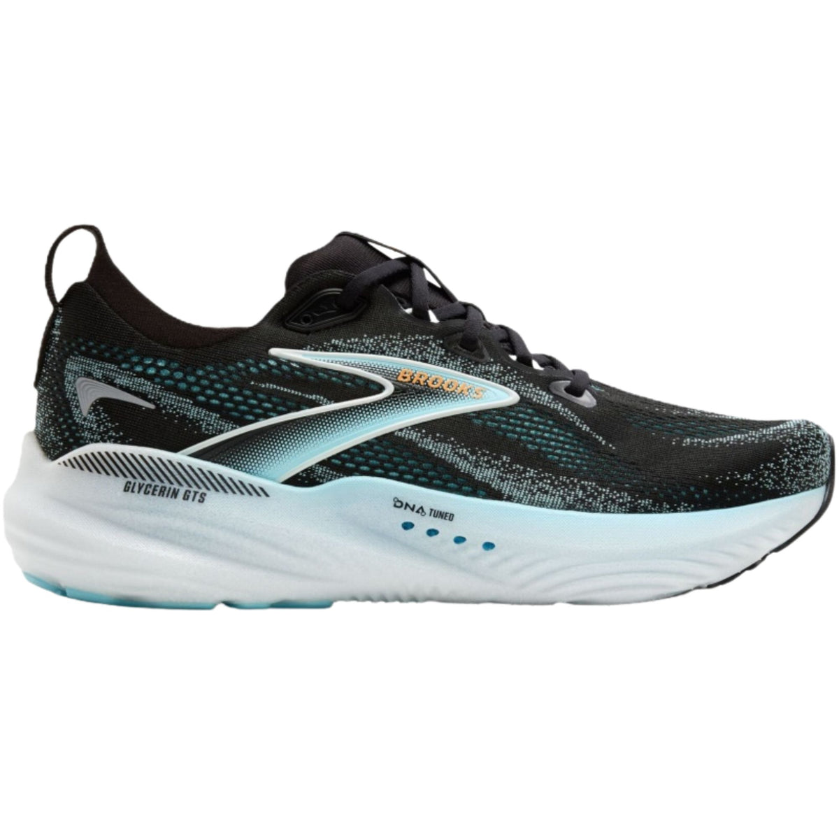 Brooks Glycerin GTS 22 men's stability running shoe in Black/Atomizer/Blazing Orange
