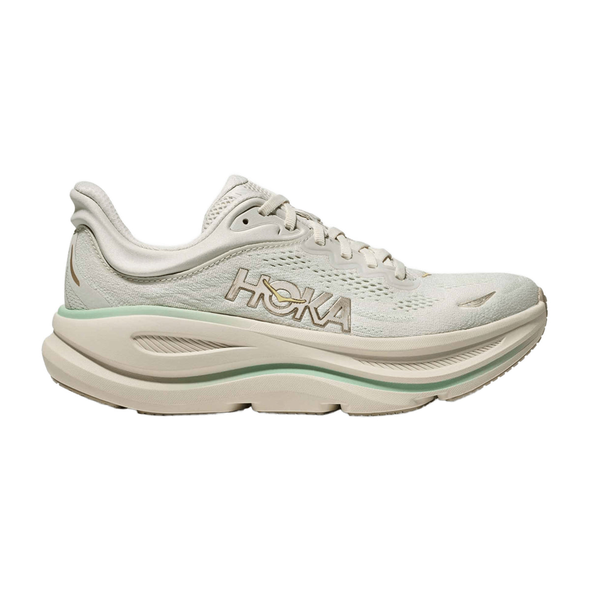 HOKA Bondi 9 Wide women's road running shoe in Truffle Salt/Sea Glass