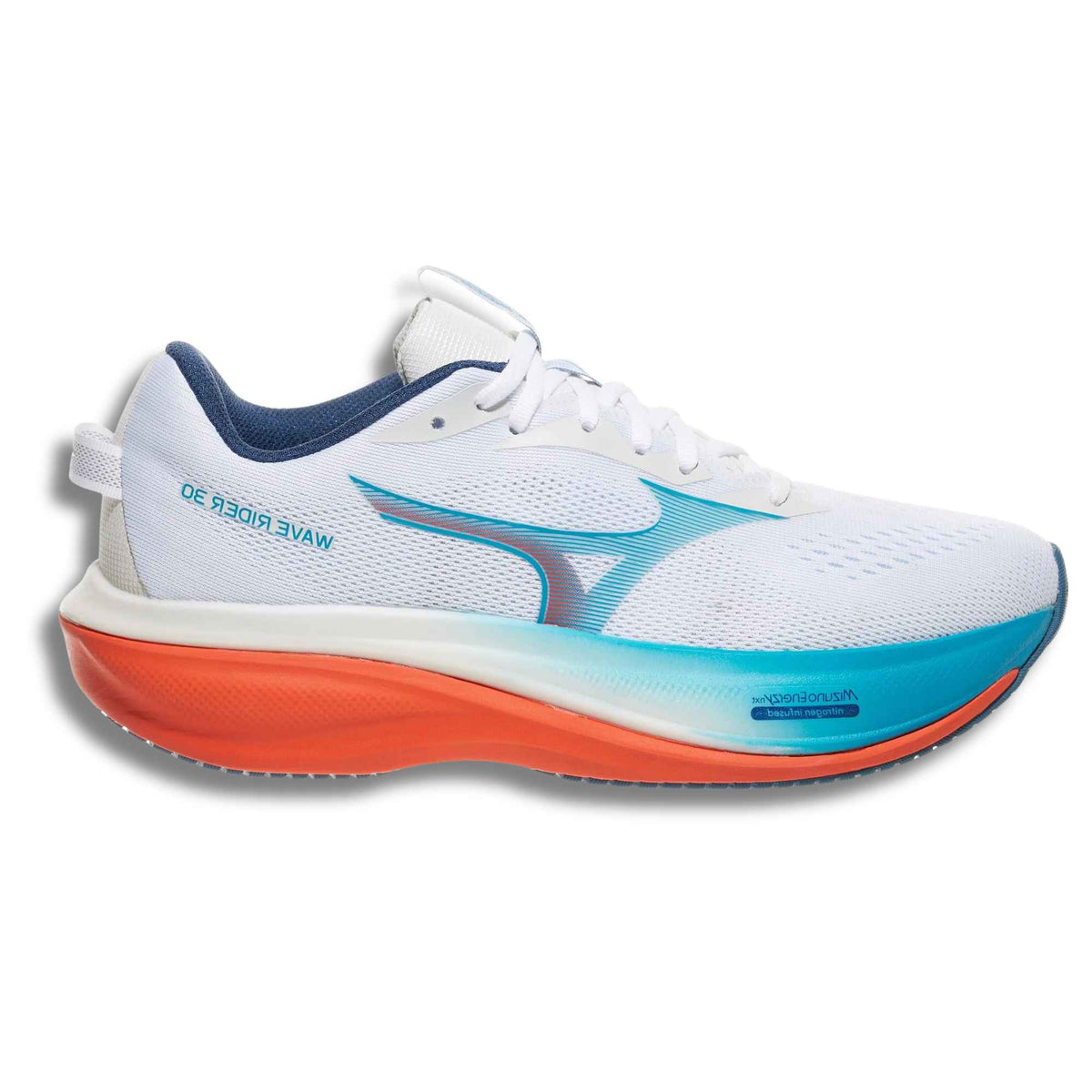 Mizuno Wave Rider 30 Wide men's road running shoe in White/Blue Jewel