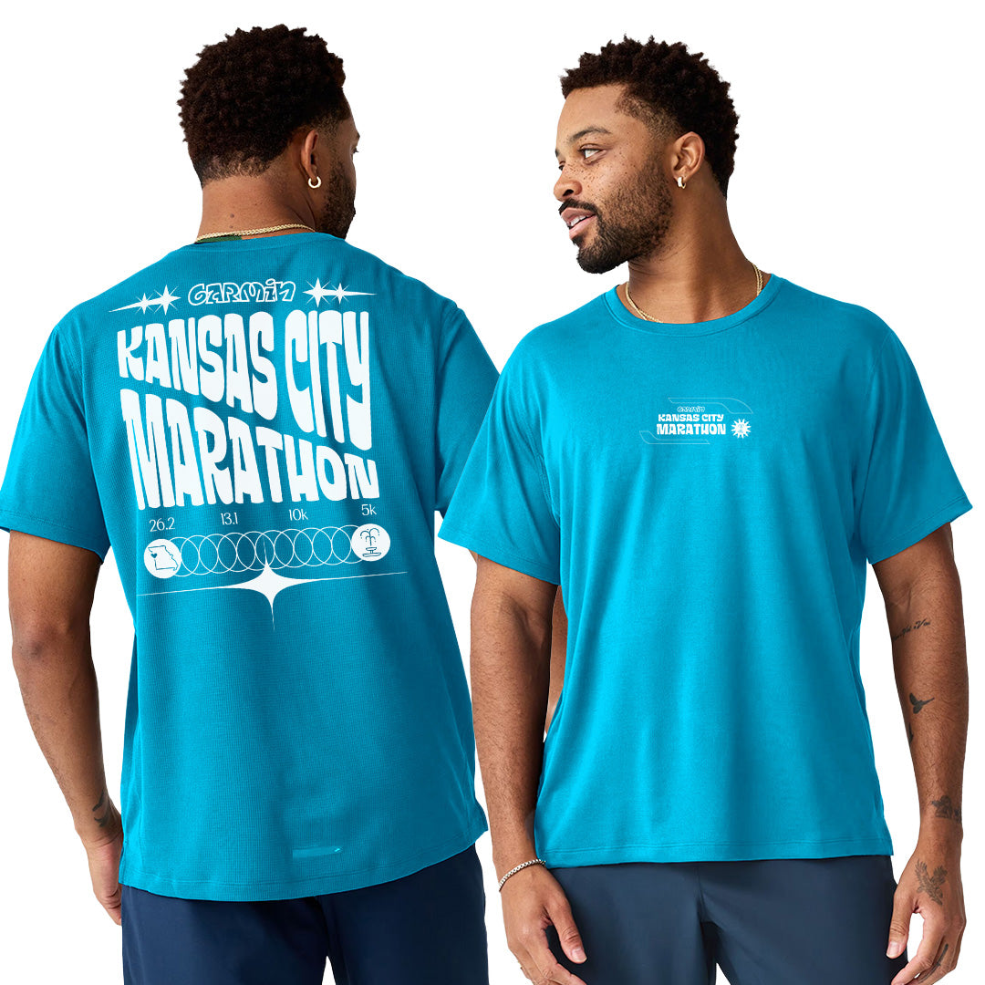 KC Marathon men's Brooks Dash Tech Short Sleeve in KC Marathon Cyber Blue