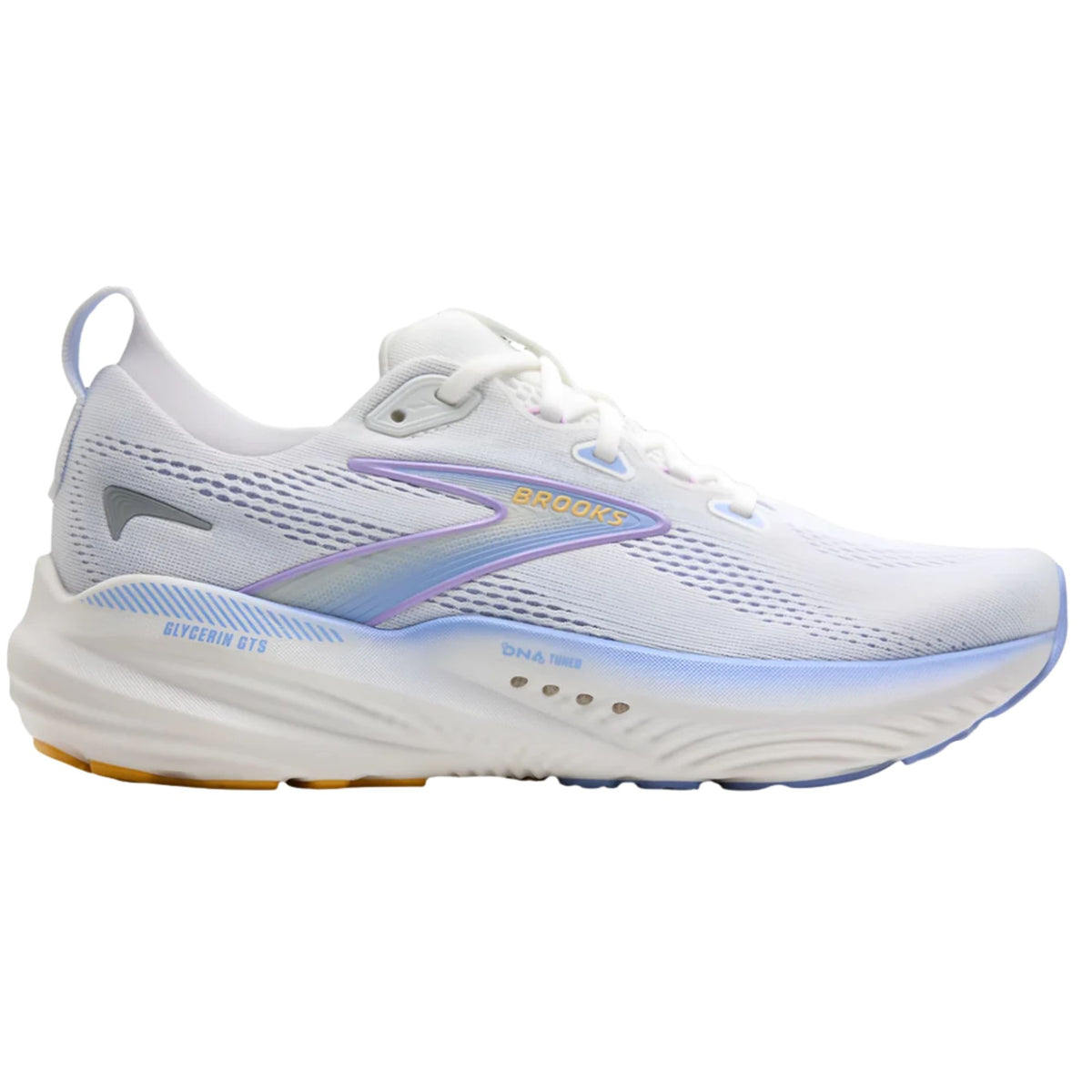 Brooks Glycerin GTS 22 women's stability running shoe in White/Blue Heron/Apricot