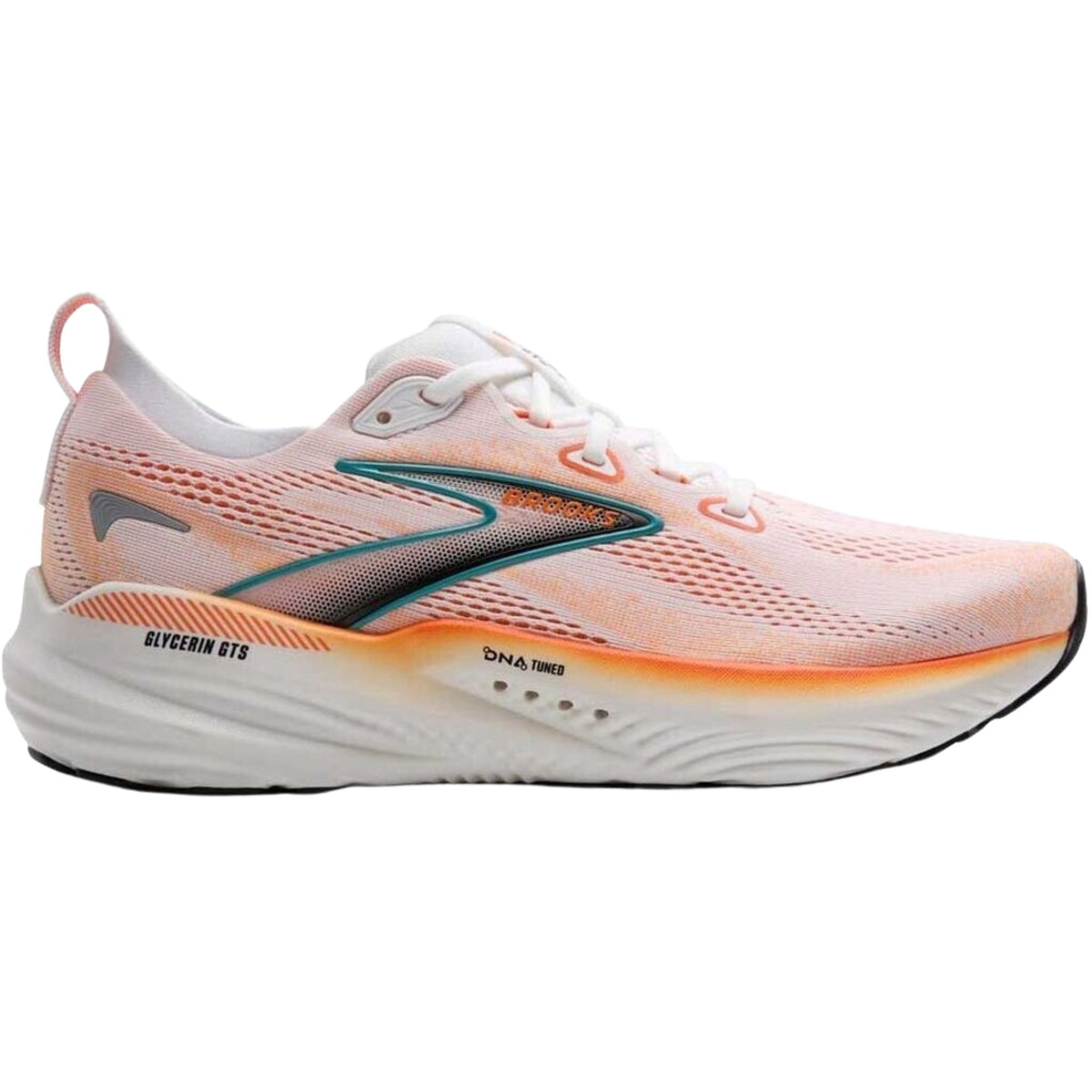 Brooks Glycerin GTS 22 men's stability running shoe in White/Orange/Green Blue Slate